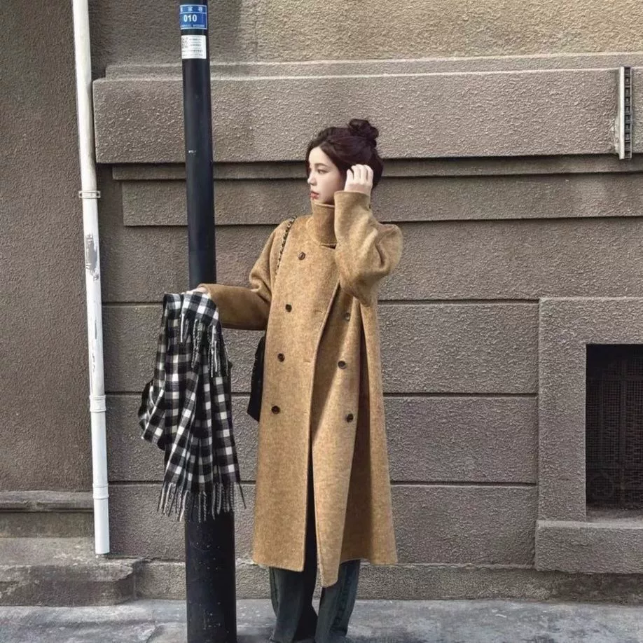 Куртка женская двубортная из высококачественного шерстяного твида, двусторонняя, из кашемира, средней длины, с воротником-стойкой, осенне-зимняя коллекция 25, из Донгдэмюна, Южная Корея