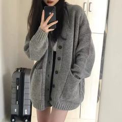 秋冬新款学院风韩版宽松慵懒V领百搭口袋纯色针织开衫外套女