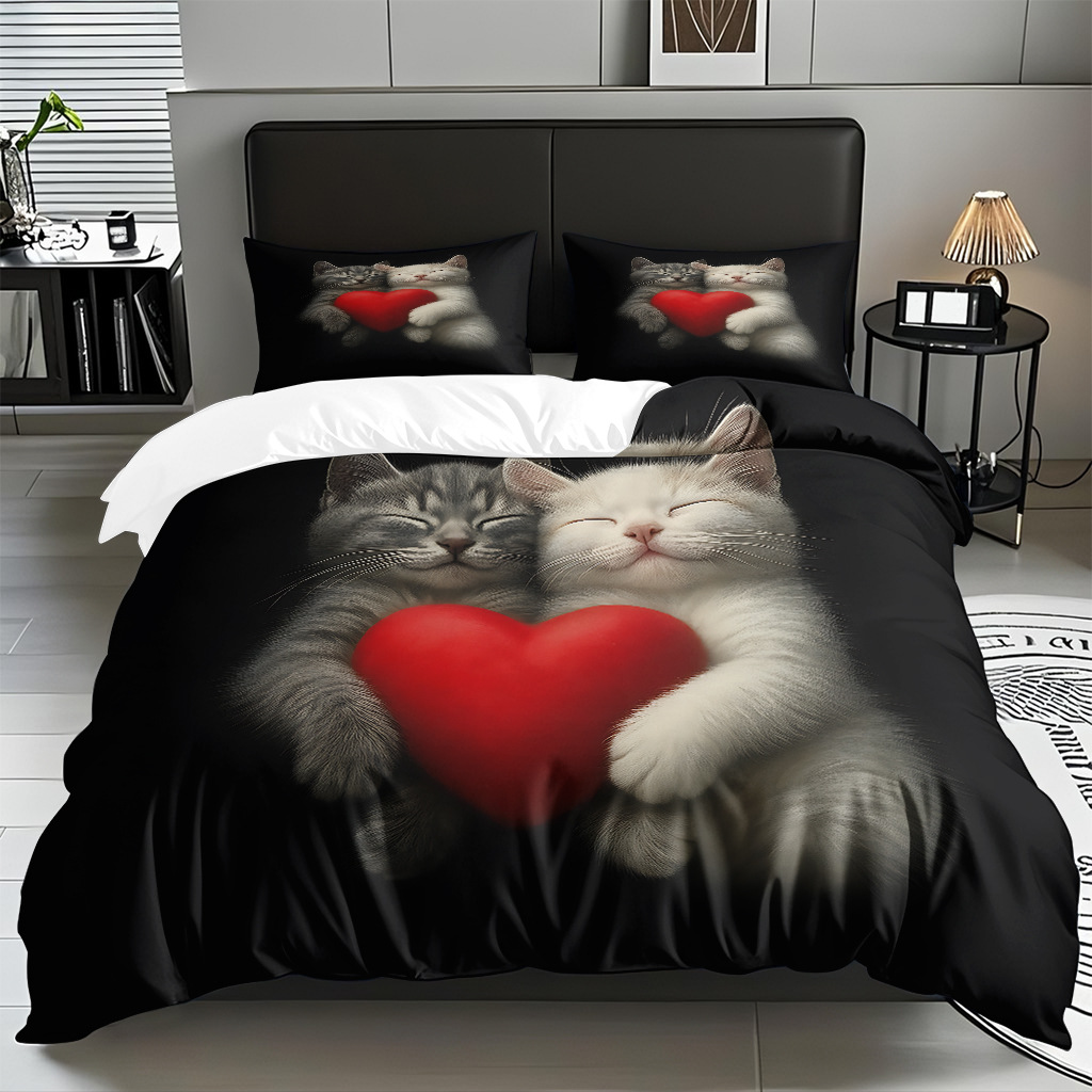 TEMU / JIT adorable gatito impresión digital suave set de colcha de edredón textil para el hogar se puede diseñar venta directa de fábrica