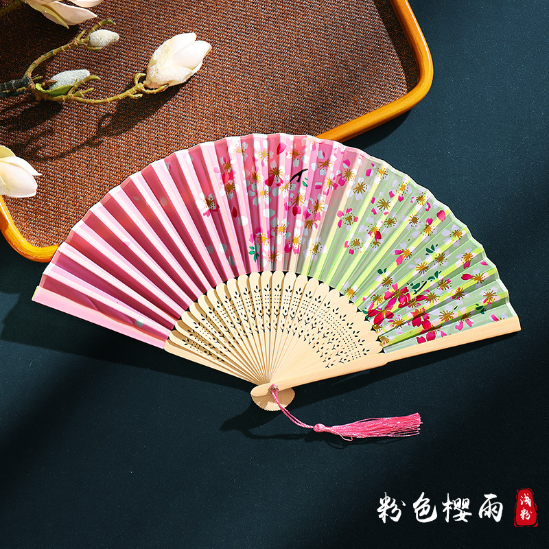 Ventilador plegable de verano, estilo chino, Hanfu, cheongsam, baile para niños, ventilador de estilo antiguo, ventilador de bambú plegable portátil