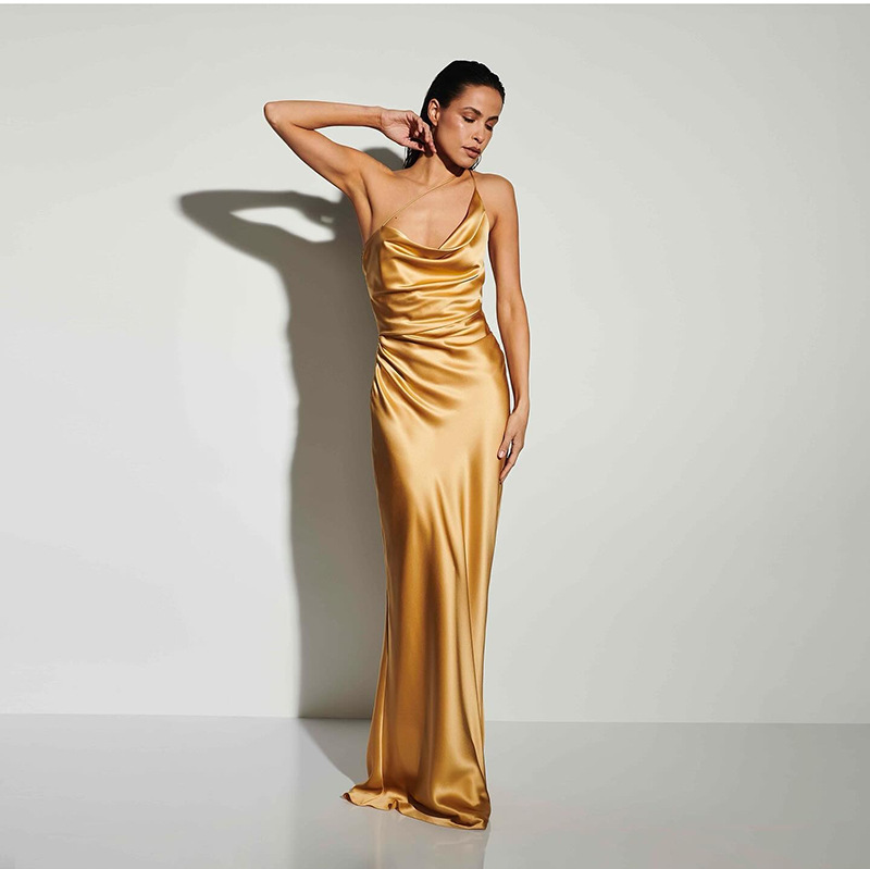 Backless Satin Pleated Slip Long Dress Slim Figure Skirt dress Sexy Little Dress Seaside Vacation Women
