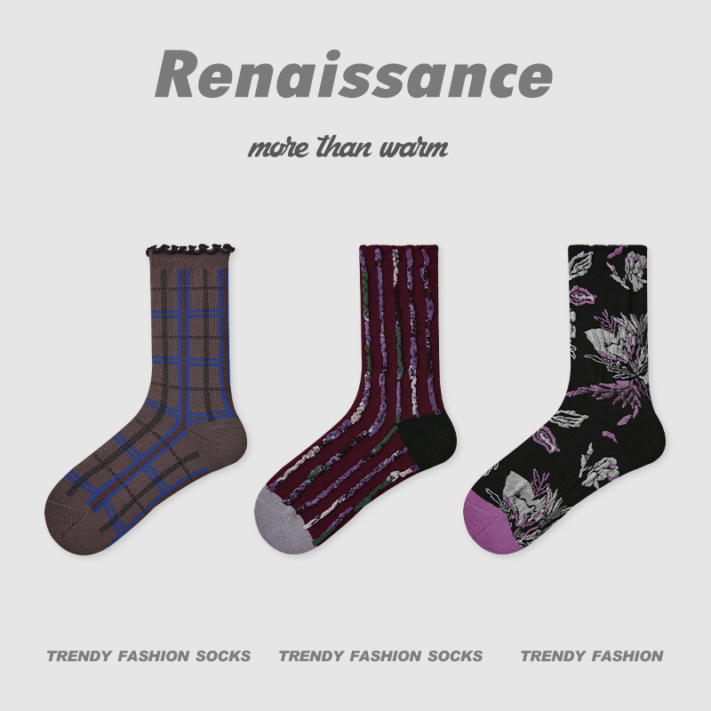 ルネッサンス新中国風秋 2025 新しいチェック柄花柄ミッドカーフソックス ins 文学ファッション女性の靴下