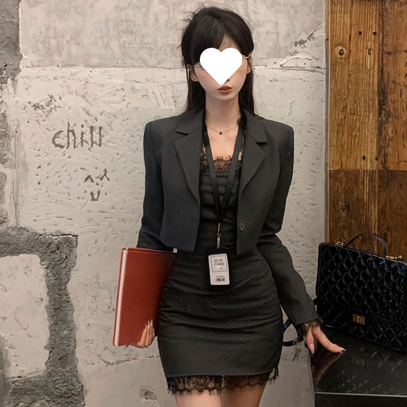 巴比姨黑色西装外套女早秋高级感复古休闲小个子外搭吊带裙套装|undefined