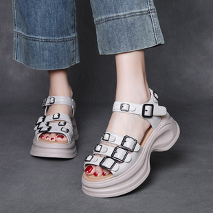 Jishu 2025 Summer First-Layer Cowhide Colorful Belt Buckle Sandals Genuine Leather Retro Open-Toe Thick High-Heeled Velcro Sandals