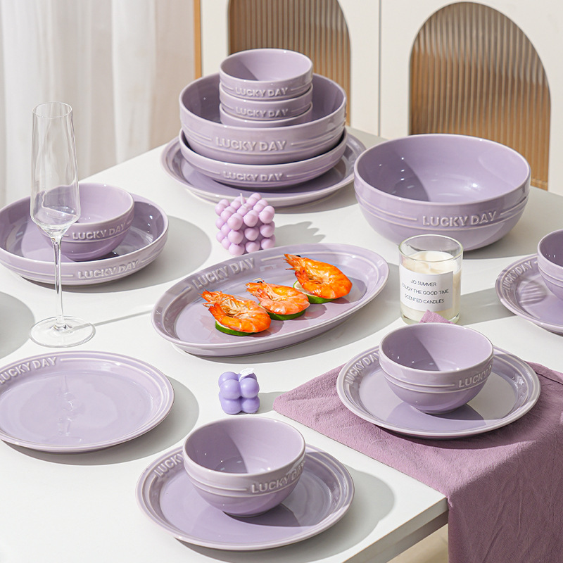 Nuevo conjunto de platos de color esmalte púrpura de alta calidad, platos de cerámica domésticos de alto valor, cubiertos de cerámica de vivienda image 4