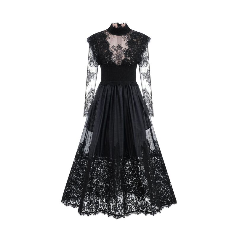 Cross-Border European and American Long-Sleeved Lace Half Turtleneck Splicing Dress Sweet Temperament Elegant Long Evening Dress Skirt Cross-Border European and American Long-Sleeved Lace Half Turtleneck Splicing Dress Sweet Temperament Elegant Long Evening Dress Skirt