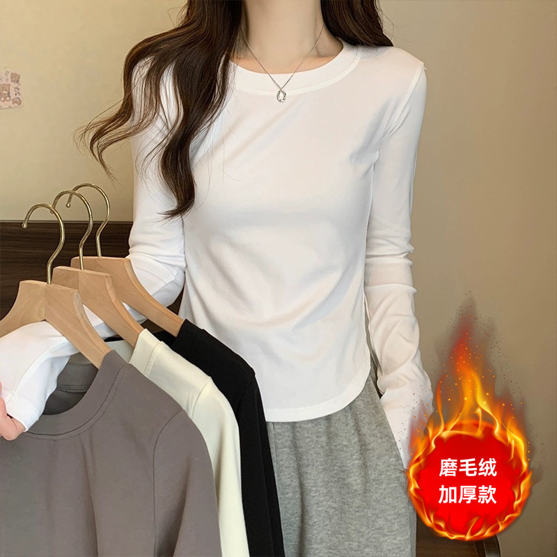 [Fleece-Lined/No Fleece] Pure Cotton Long-Sleeve T-Shirt for Women, Spring and Autumn, Irregular Curved Waist, Slimming Base Shirt Top