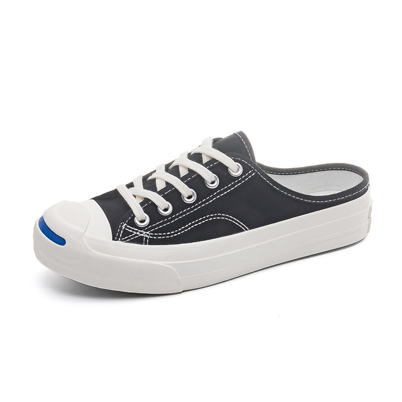 Zapatos de lona de mitad de diapositiva de mujer sonrisa abierta soporte de prueba personalizada negro y blanco F03 image 7