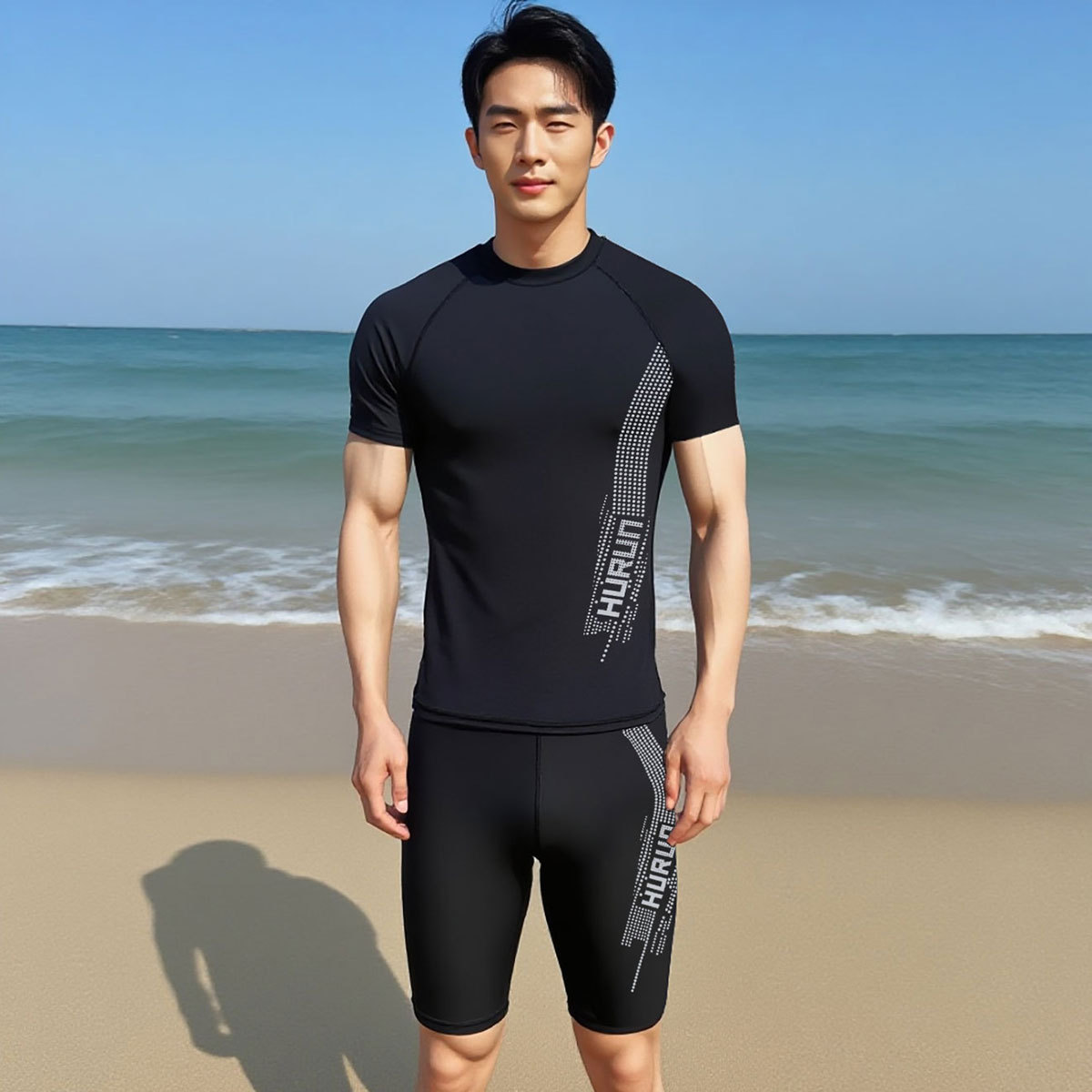 Traje de baño, traje de hombre, natación para adultos, traje de baño estampado de manga corta, traje de baño largo nuevo dividido para hombres, tamaño grande para adolescentes