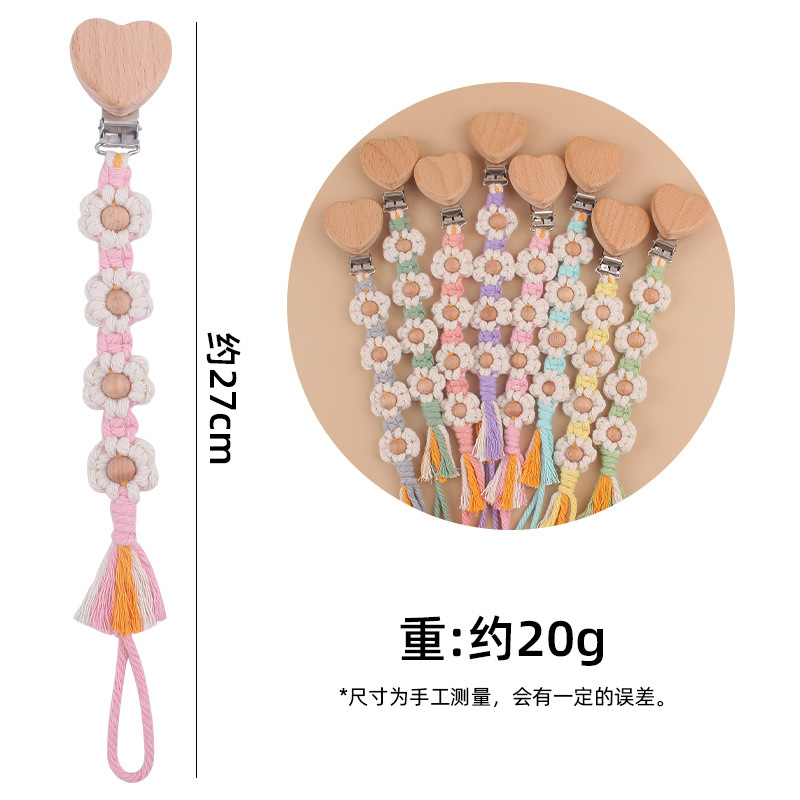 Suministros para bebés de dibujos animados amor haya chupete clip creativo hecho a mano cuatro flores tejido algodón cuerda chupete cadena