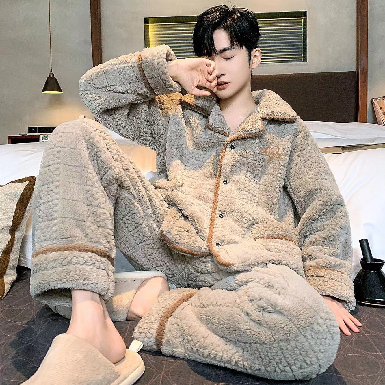 2024 새로운 잠옷 남자 겨울 산호 양털 기모 두꺼운 옷깃 카디건 간단한 남자 홈 의류 세트