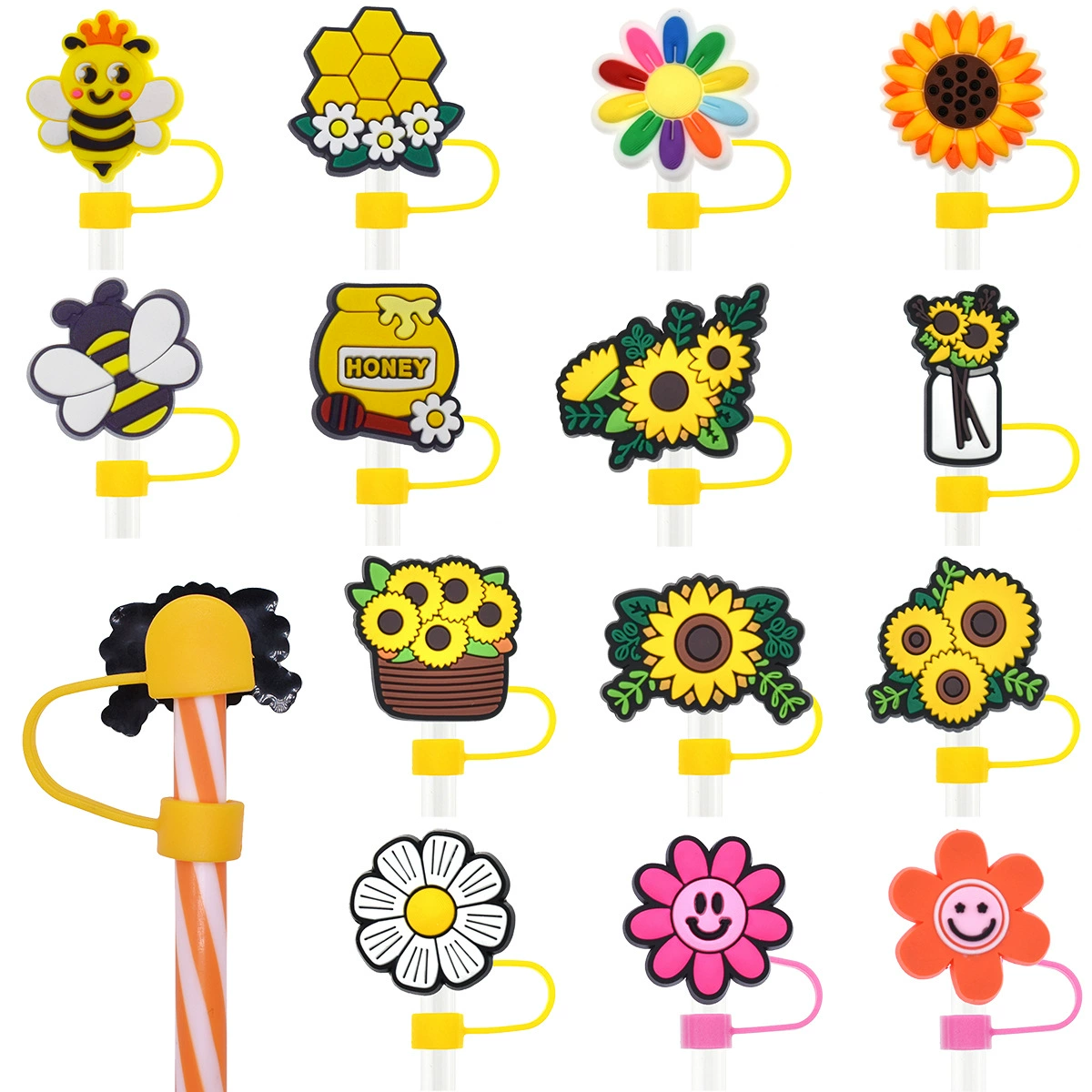 Новый Подсолнух соломенная крышка персонализированный мягкий клей 10 мм соломенный рукав мультфильм Вечеринка соломенная декоративная крышка пылезащитный чехол