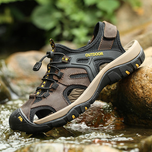 Summer Casual Korean Style Genuine Leather Toe Anti-collision Wear Handmade Large Size Men's Beach Sandals
