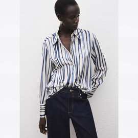 欧美外贸时尚女装条纹翻领长袖丝缎质感衬衫高级感休闲女士衬衫