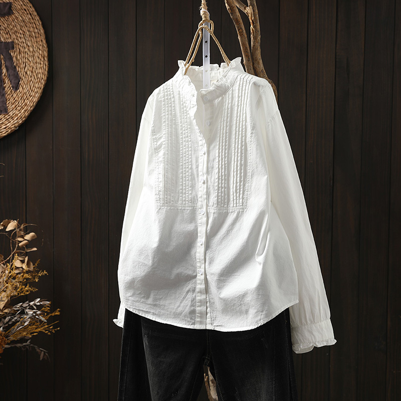 Loose-Fitting Women's Long-Sleeve Cotton Shirt with Ruffled Collar and Pleated Design, 2024 Spring and Autumn Collection, Stand Collar White Shirt with an Artistic Style