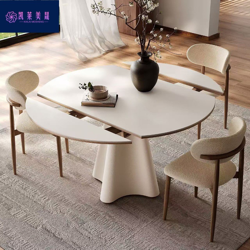 Kk Household Solid Wood Travertine Stone Slab Dining Table, Convertible into a Round Table, French Cream Style, Extendable and Dual-Purpose