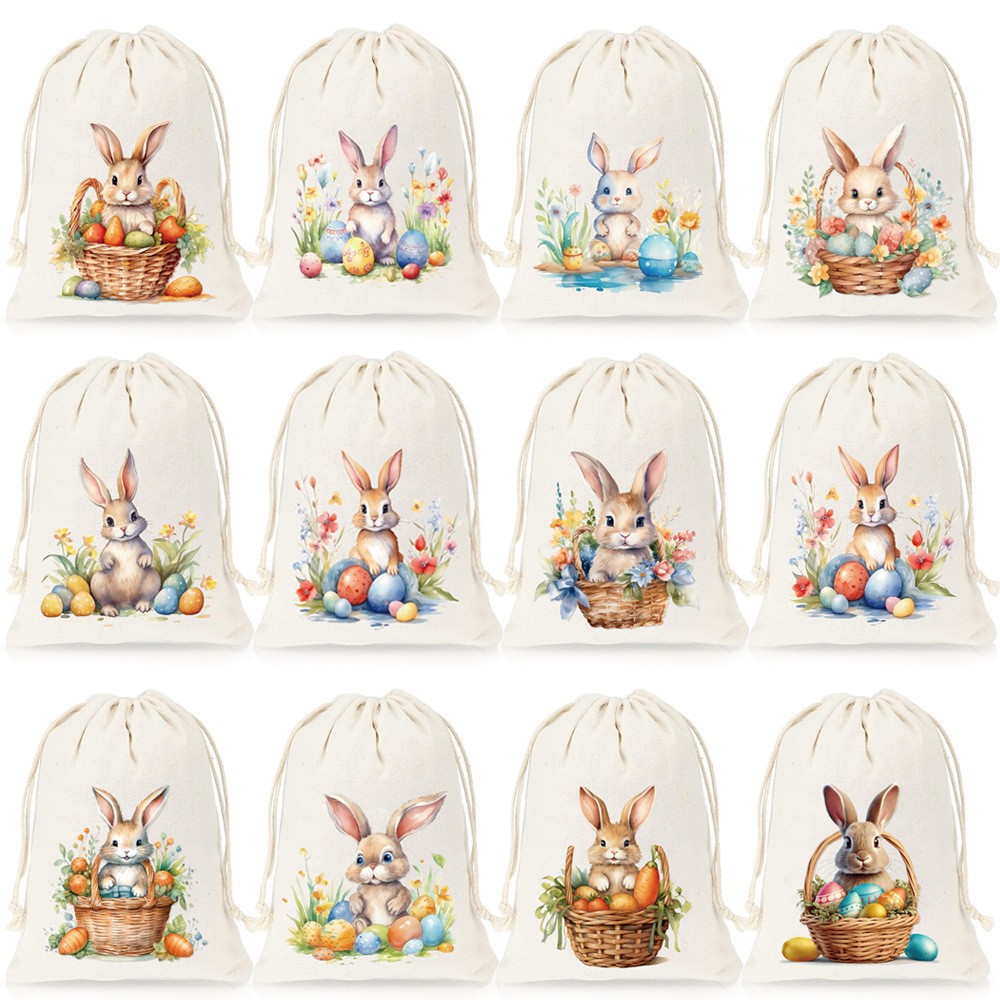 2025复活节麻布抽绳礼品袋兔子耳朵彩蛋糖果袋HAPPY EASTER束口袋