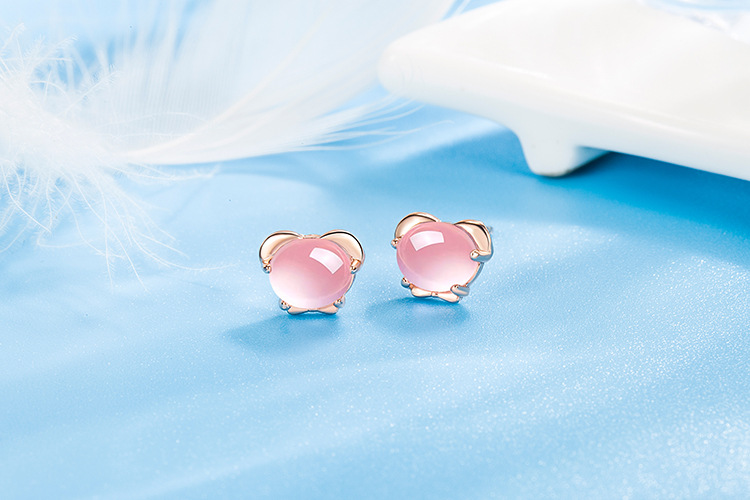 Fashion Cat Copper Ear Studs Inlay Natural Stone Copper Earrings 1 Pair