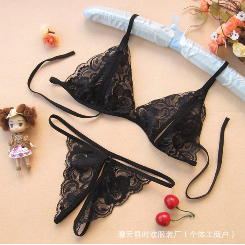 Sexy Women's Three-Point Lace Lingerie, See-Through Open-Crotch No-Take-Off Erotic Bra, Sexy Lingerie, Women's Open-Crotch Panties