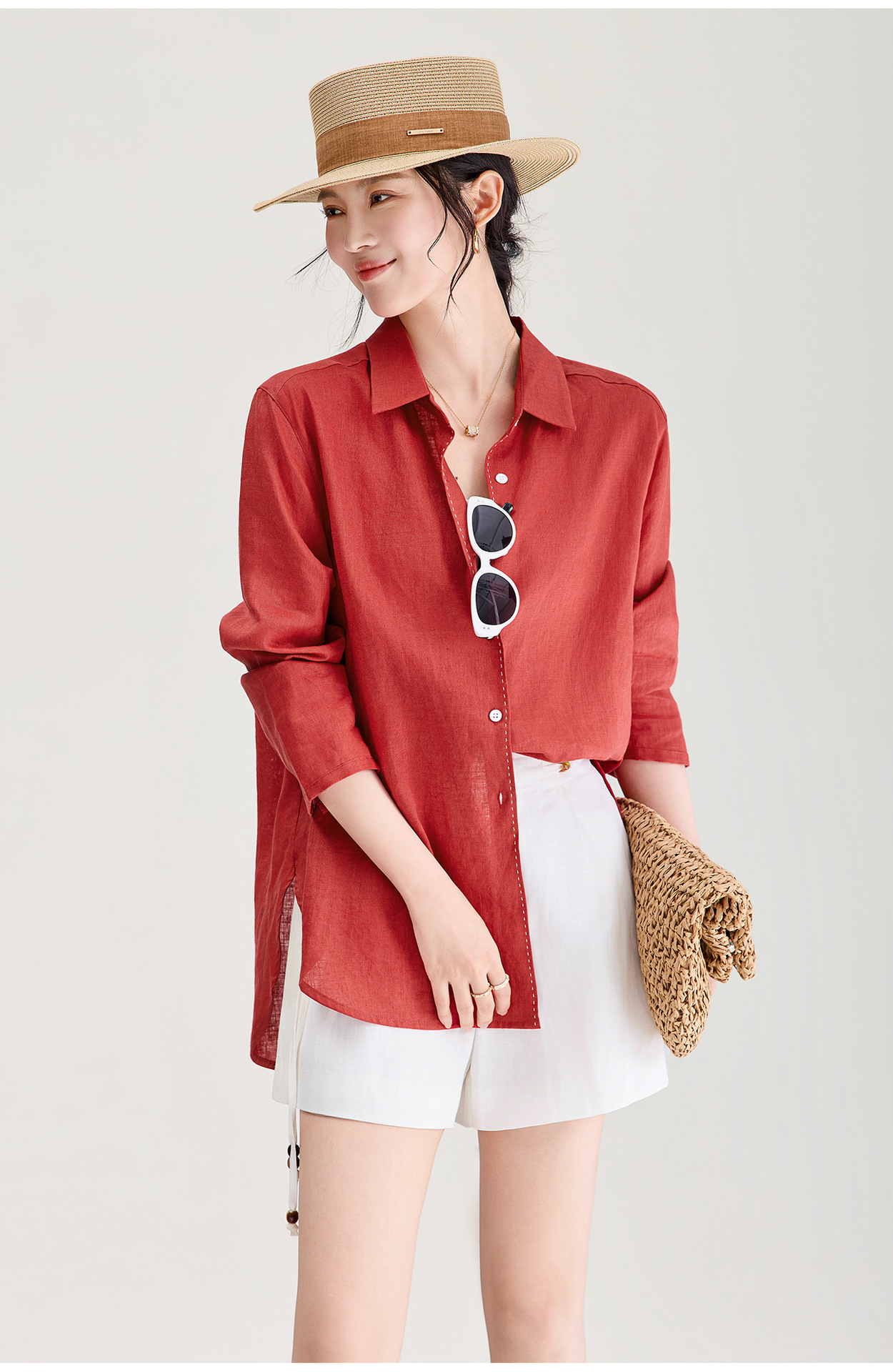 Áo sơ mi nữ linen chất lượng cao, phong cách cổ điển thư giãn, dáng rộng mùa hè — Đỏ Vermilion chi tiết 2