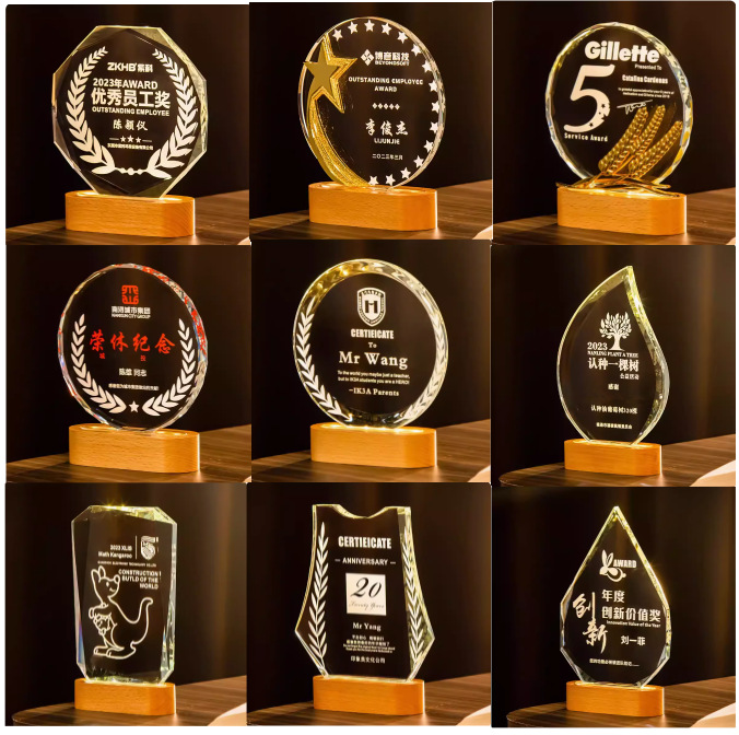 Nueva medalla de trofeo de cristal de madera maciza luminosa de alta gama, aniversario creativo, reunión anual de la empresa, premios de la empresa para empleados, honor