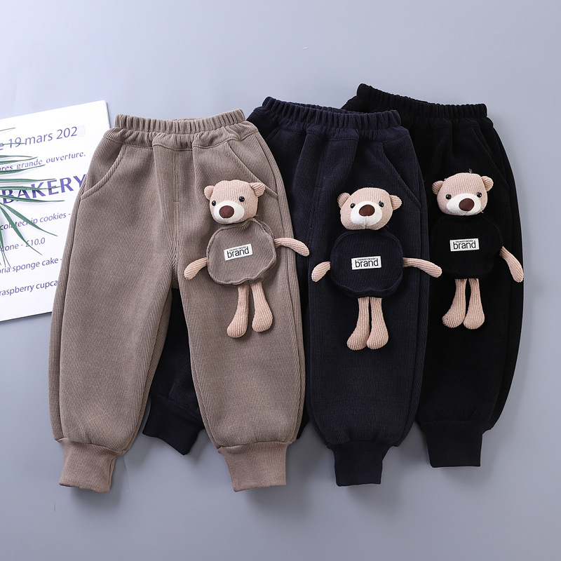 Boys' Fleece-Lined Pants, Toddler Boys' Outerwear, Children's Thickened Integrated Fleece Casual Pants, Autumn and Winter Thermal Pants, One Piece with Free Shipping
