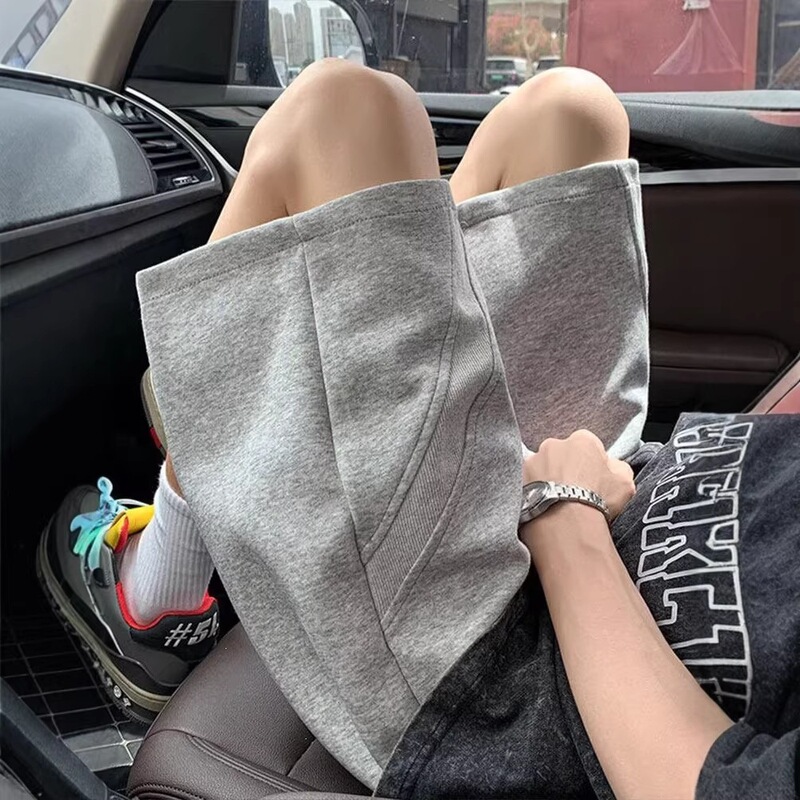 Men's gray sports shorts, summer ribbed patchwork design, stylish basketball pants, trendy loose casual shorts
