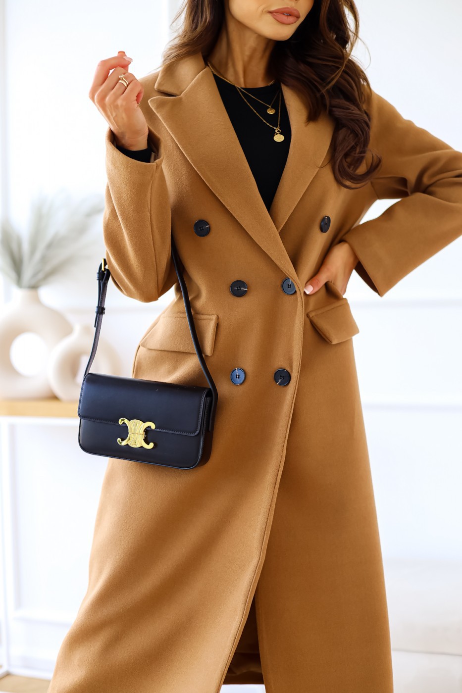 solid color double-breasted long-sleeved lapel button woolen coat NSYF138757