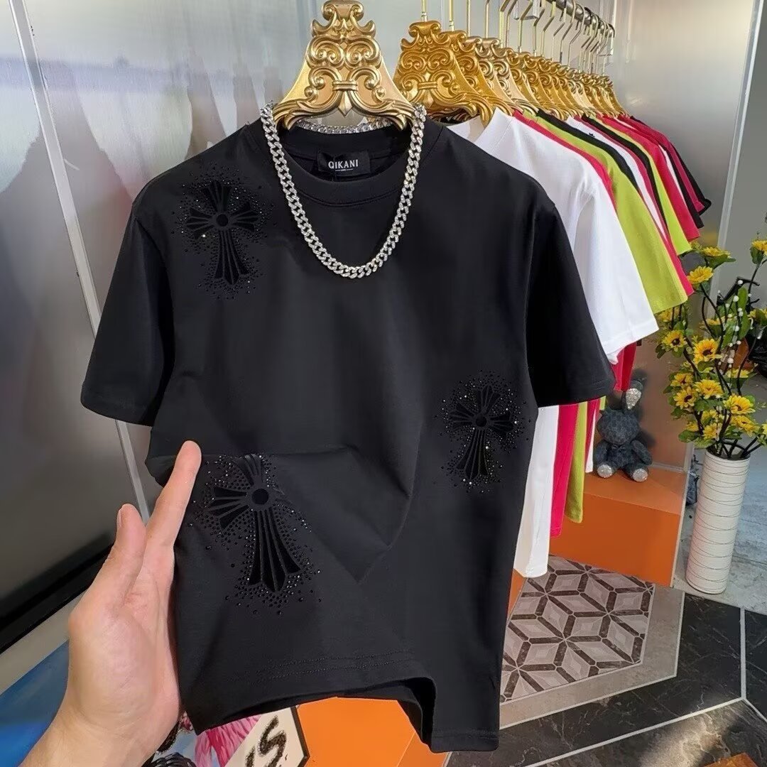 European High-End Black Pure Cotton Crown Rhinestone Short-Sleeve Men's Summer Versatile Casual Trendy Design T-Shirt