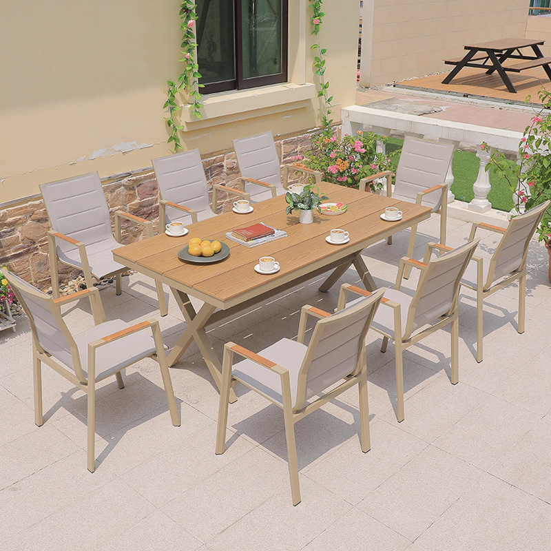 8 * silla de tela de malla Tucker + mesa larga de madera plástica 220 * 90 cm