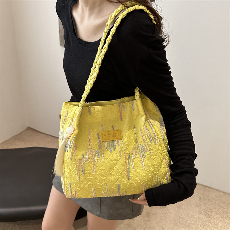 Bolsa de lona bordada a rayas de gran capacidad para mujeres 2024, nueva bolsa de hombro para estudiantes universitarios de clase