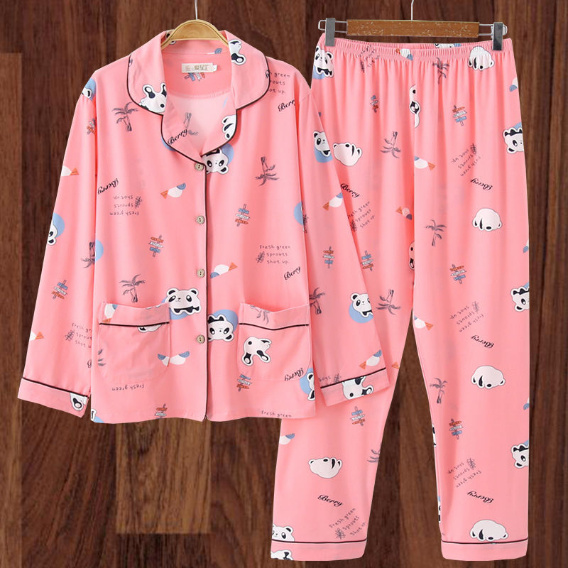 100% algodón más el tamaño de los pijamas de las mujeres Primavera, Otoño e Invierno manga larga suelta de mediana edad y joven confinamiento desgaste del hogar traje de verano