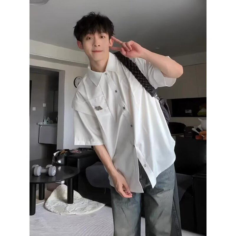 2025 American Simple Cuban Collar Buttoned Zipper Personalized Design Letter Cool Fashion Short-Sleeved Versatile Shirt