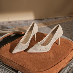 85511【羊皮】高跟鞋女細跟2024年夏季新款百搭網紗水鑽鏤空單鞋