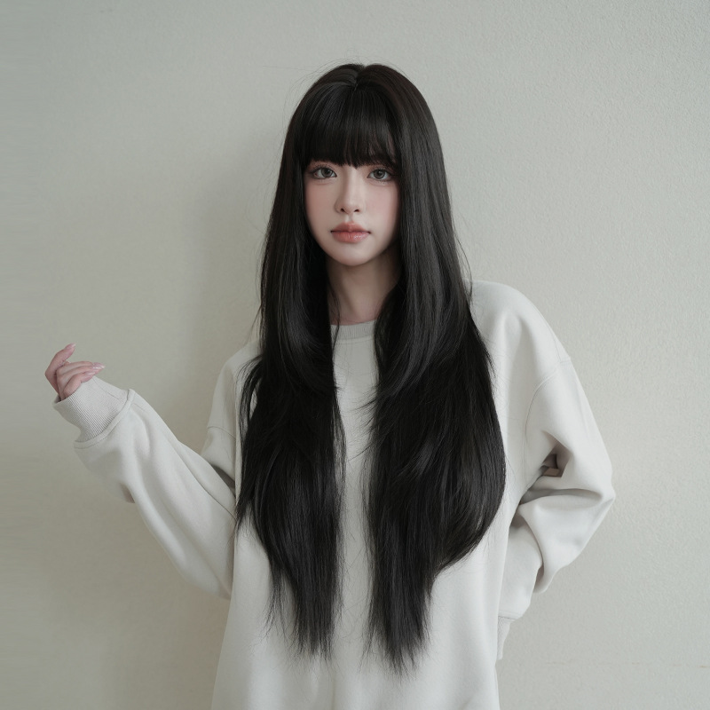 Wig Women's Long Straight Hair Natural Black Artificial Chemical Fiber Headgear Super Long Straight Hair Straight Bang Rose Inner Mesh Sleeve Wig