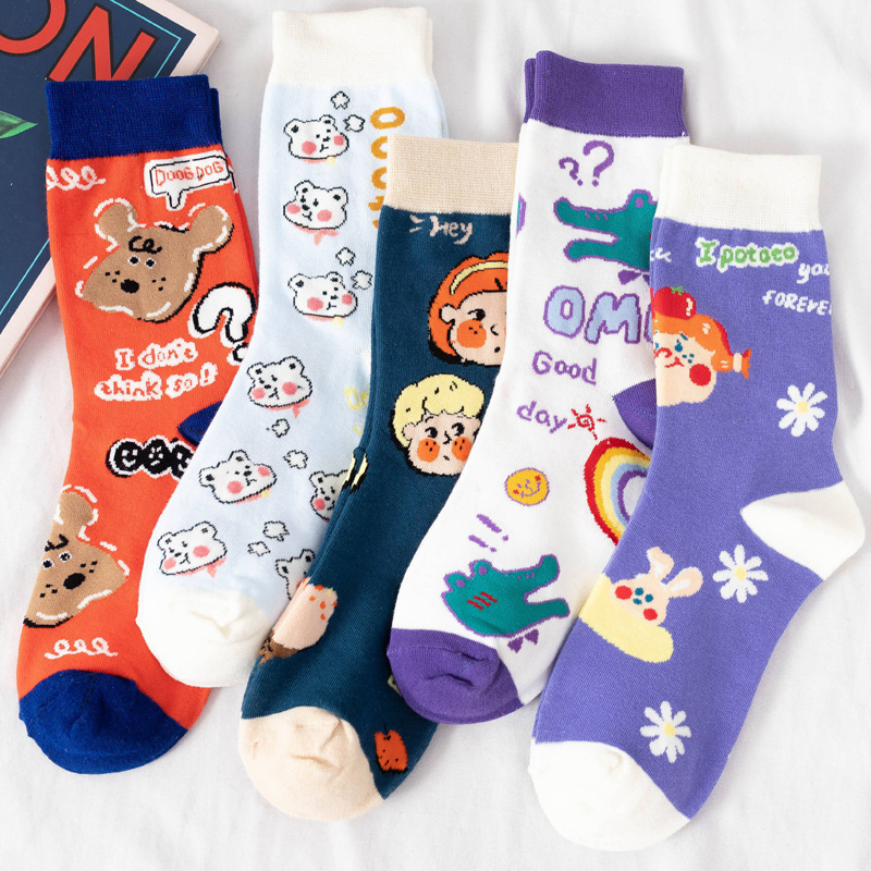 Japanese cartoon socks children's mid-barrel bear crocodile mid-barrel socks ins trendy sweet and cute student stockings cotton wholesale