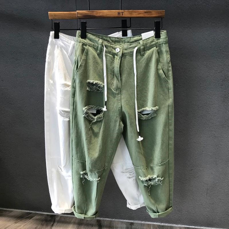 Trendy Brand Green Knee Big Ripped Eight-point Jeans Men's Loose Tapered Feet Beggar's Trendy Harem Pants Summer Trendy Brand Green Knee Big Ripped Eight-point Jeans Men's Loose Tapered Feet Beggar's Trendy Harem Pants Summer