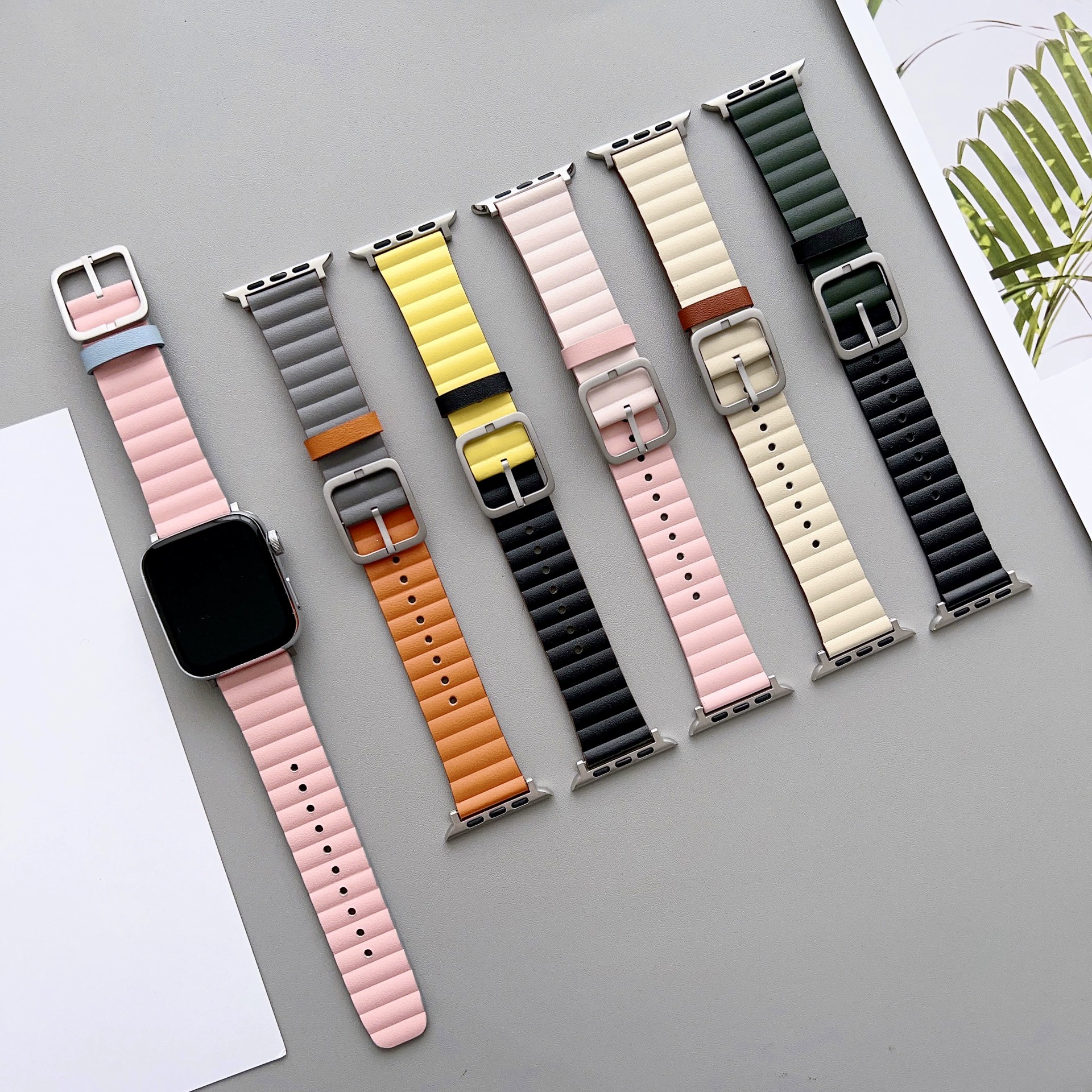 Apple double-sided bamboo watch strap, genuine leather with multiple color configurations