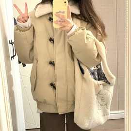 韩国加绒加厚棉服外套女秋冬季新款羊羔毛绒宽松翻领夹克棉衣ins