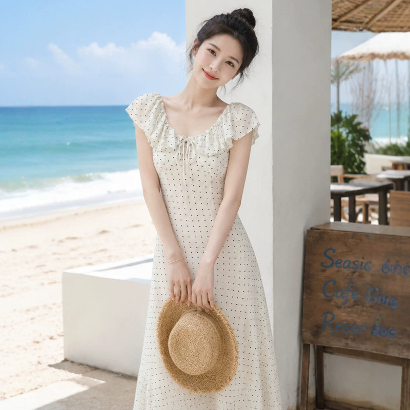 Cross-Border Foreign Trade Polka Dot Dress for Women, New Summer 2026 Holiday Style, Ruffled Waist-Cinching Long Dress with Small Flutter Sleeves Cross-Border Foreign Trade Polka Dot Dress for Women, New Summer 2026 Holiday Style, Ruffled Waist-Cinching Long Dress with Small Flutter Sleeves