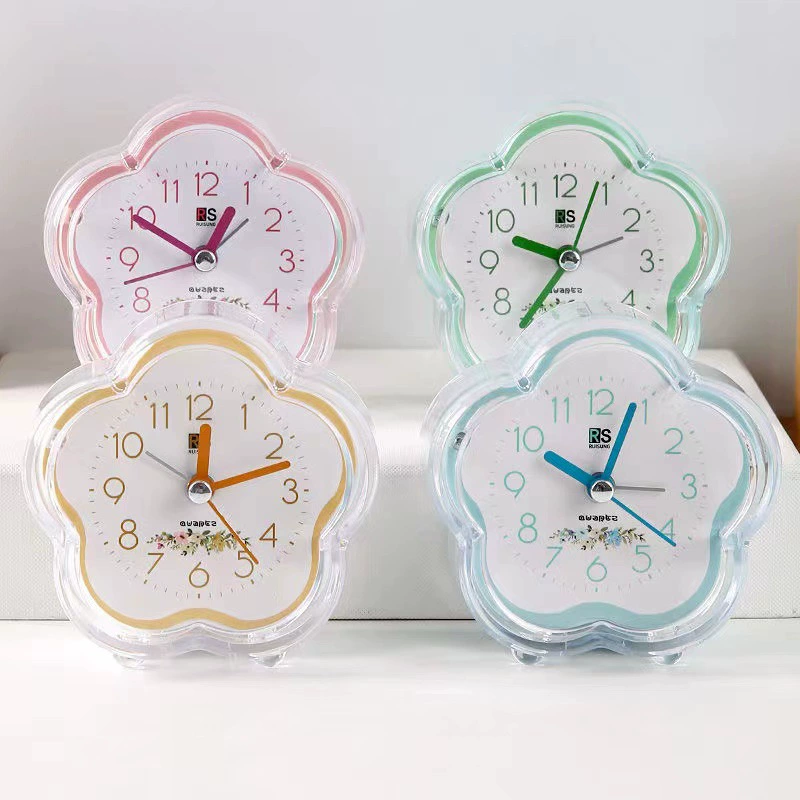 Производитель продает простые пластиковые будильники для студентов с подсветкой, цветные часы, часы в форме цветка, удобные в переноске будильники в мультяшном стиле.