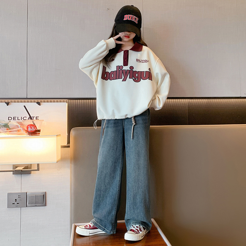 Kinderkleidung Mädchen im Jahr 2024 Neuheit, mittelgroßer Kapuzenpullover mit Polokragen, Reversoberteil, Frühling und Herbst für Kinder_voghion.com