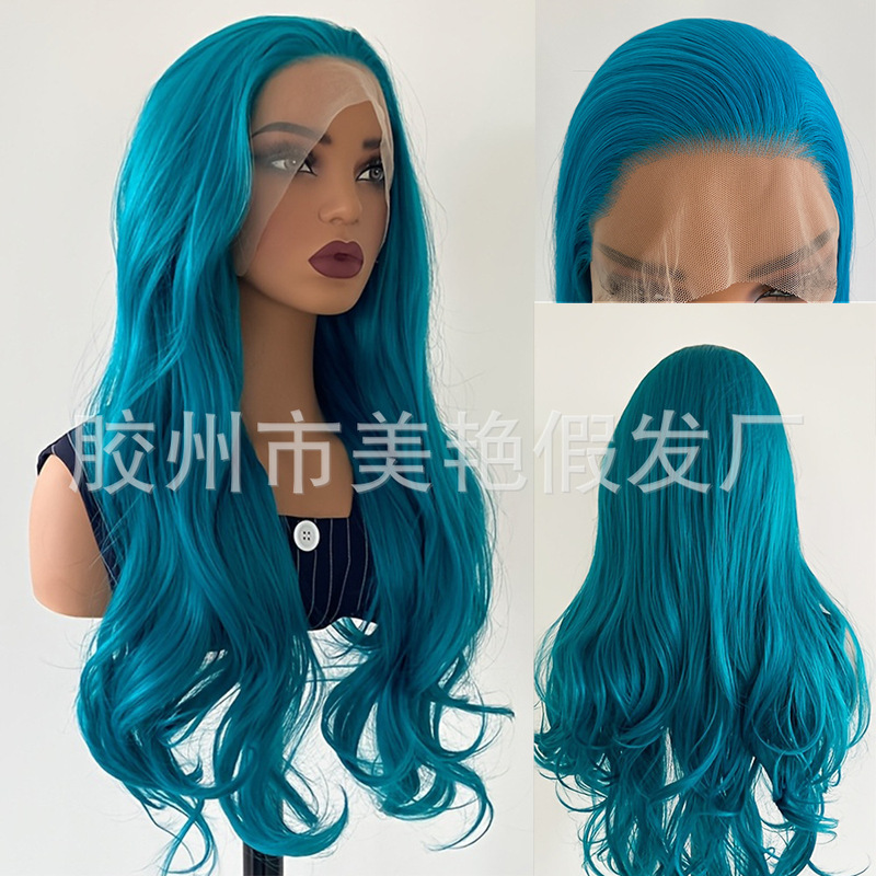 Peacock green long straight hair 13*4 hand-tied lace front wig for cosplay events, wig blank for cosplayers Peacock green long straight hair 13*4 hand-tied lace front wig for cosplay events, wig blank for cosplayers