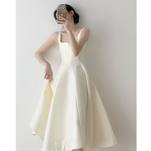 French Light Wedding Dress Solid Color Satin Simple Small Host Adult Ceremony Party Banquet Evening Gown Usually Wear