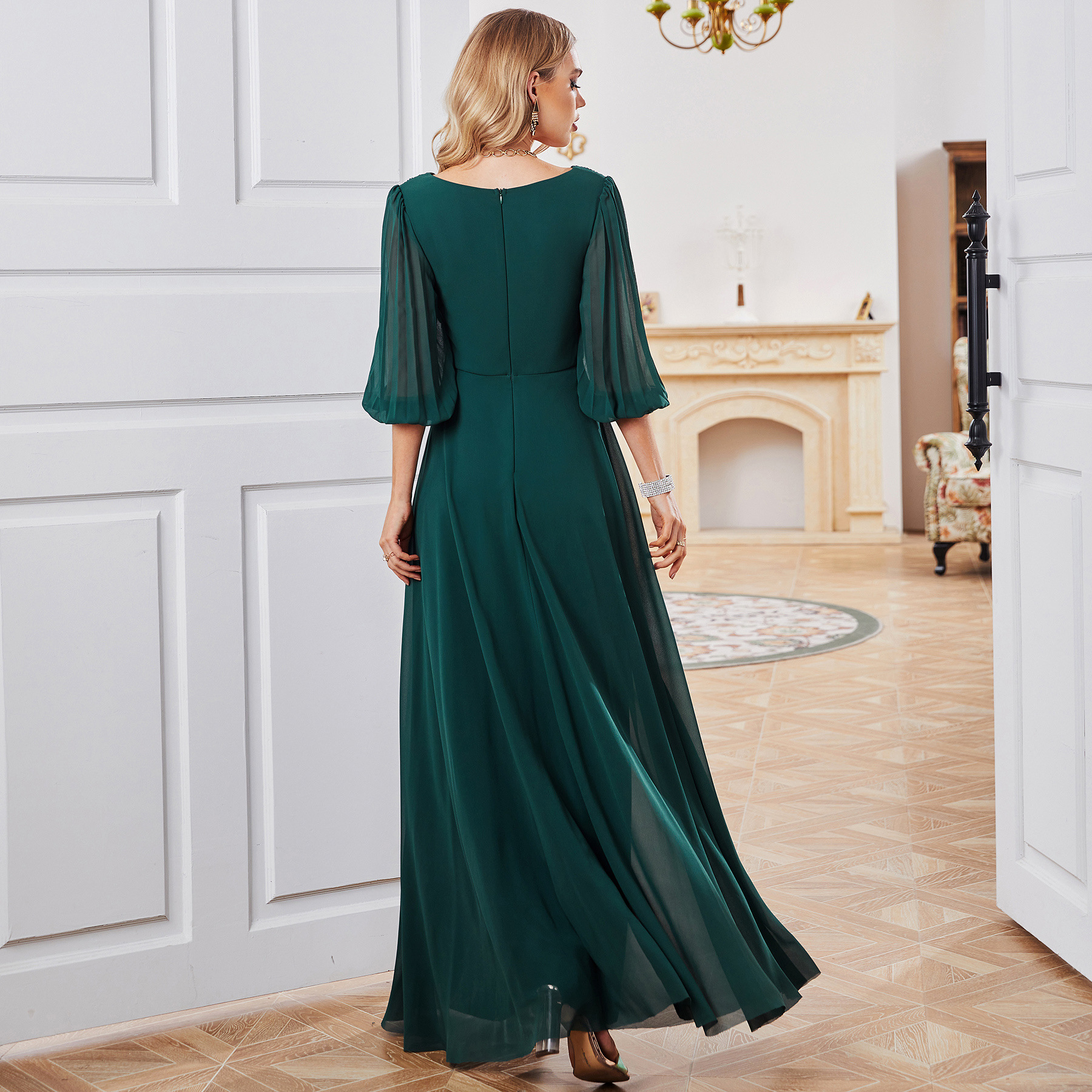 Vestido formal de comercio exterior para mujer, vestido de dama de honor holgado, vestido de noche para fiesta diaria, vestido largo de gasa de manga media para Amazon Cross-Border.