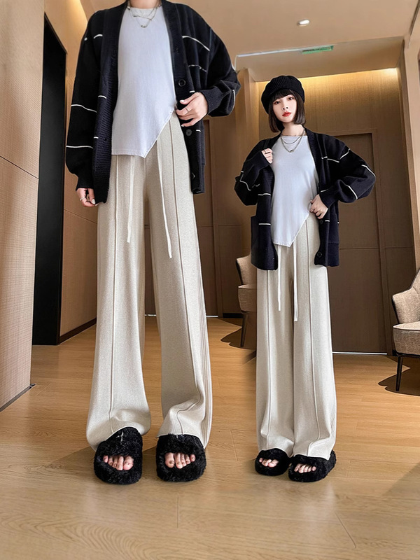 设计感侧边坑条软糯针织女秋冬新款高腰垂感直筒休闲拖地喇叭裤|undefined