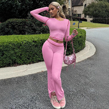 欧美女装2025冬季新款长袖圆领纯色修身反车线长裤两件套装女批发