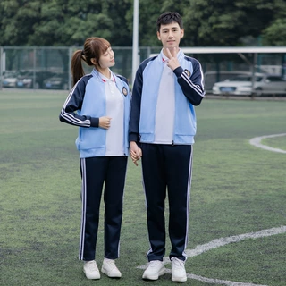 春秋季中小学生校服套装初中高中生蓝白长袖班服休闲运动服两件套