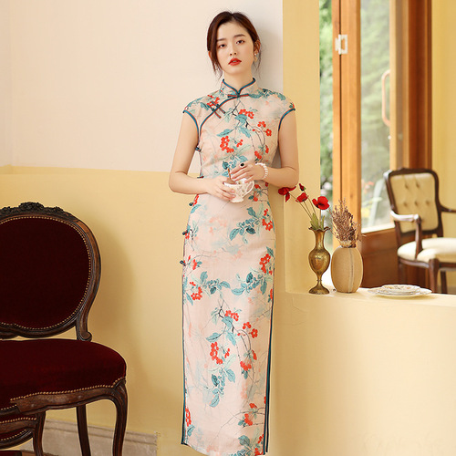 Chinese dress oriental floral qipao dress for women Retro short-sleeved cheongsam Shanghai ladies sexy long cheongsam