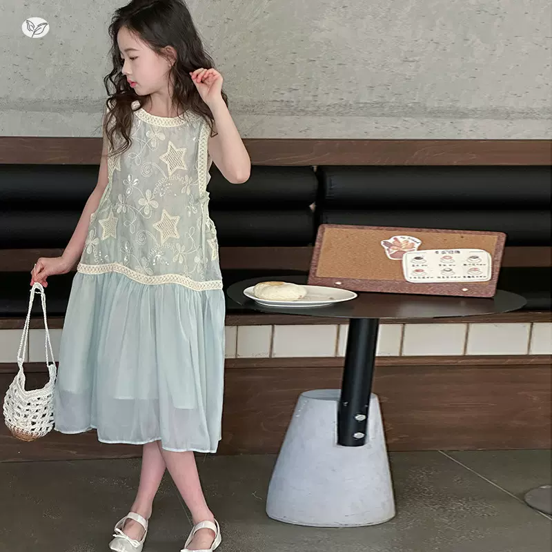 女童无袖连衣裙夏季2026新款网纱拼接假两件公主裙中大童轻薄洋气